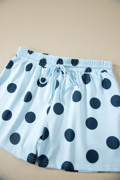 Pink Polka Dot Print Loose Tee Drawstring Elastic Waist Short Set