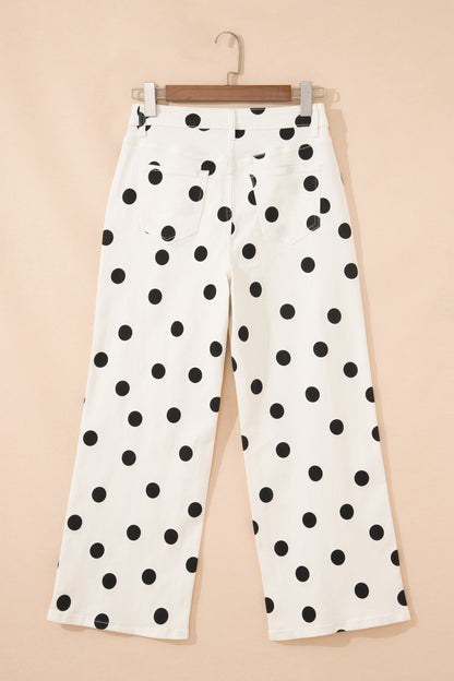 White Polka Dot Print Wide Leg Ankle-Length Jeans