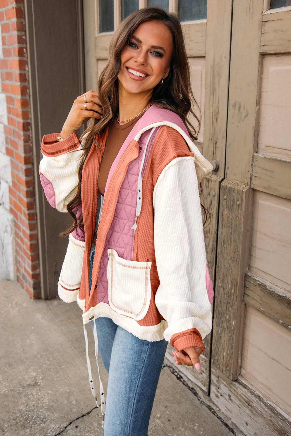 Beige Quilted Textured Patchwork Loose Fit Hooded Jacket