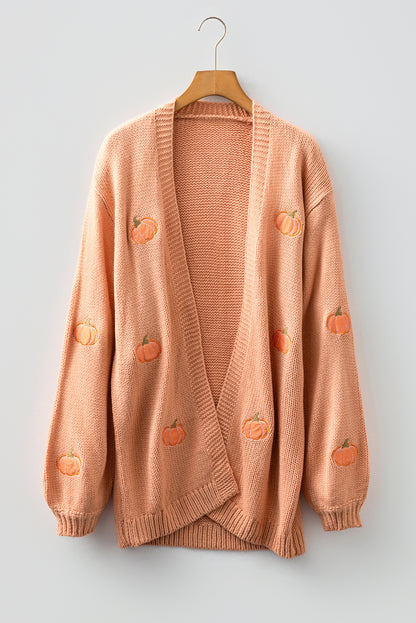 Straw Yellow Pumpkin Tree Print Open Front Drop Shoulder Midi Cardigan