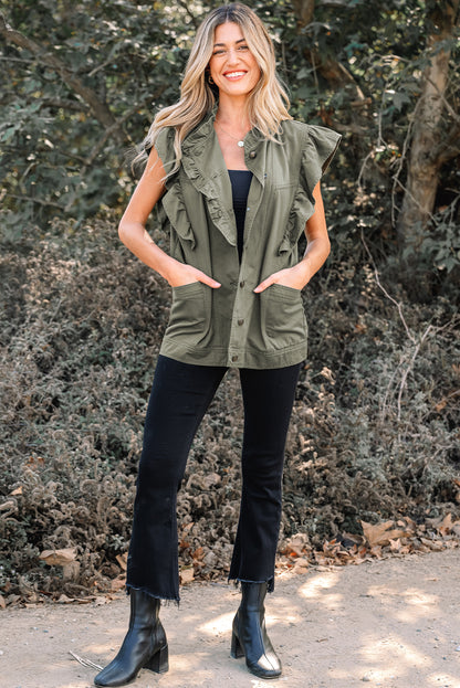 Green Bay Ruffled Patchwork Denim Jacket Vest