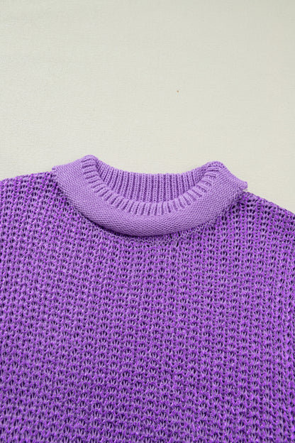 Bright Green Solid Color Knit High Neck Short Sleeve Sweater