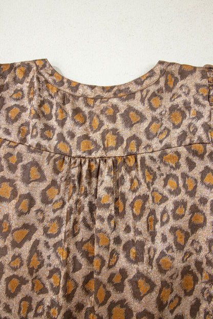 Khaki Leopard Print V Neck Ruffled Sleeve Tiered Loose Mini Dress