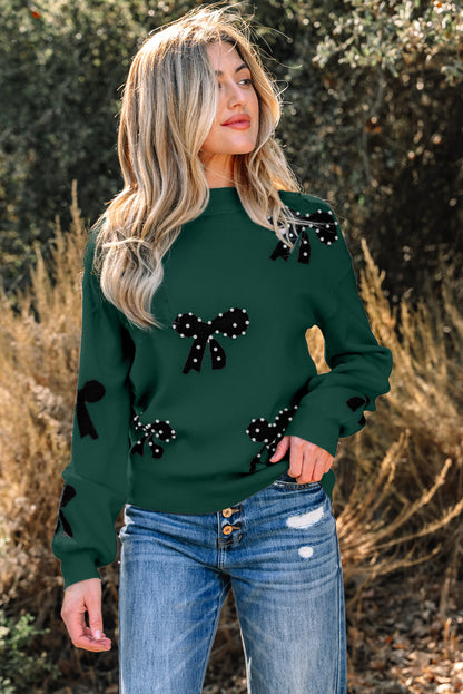 Racing Red Pearl Embellished Bow Pattern Loose Sweater