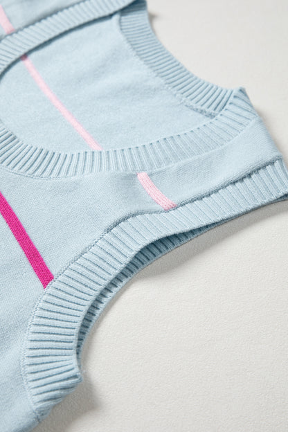 Sky Blue Stripe Round Neck Knitted Sweater Tank
