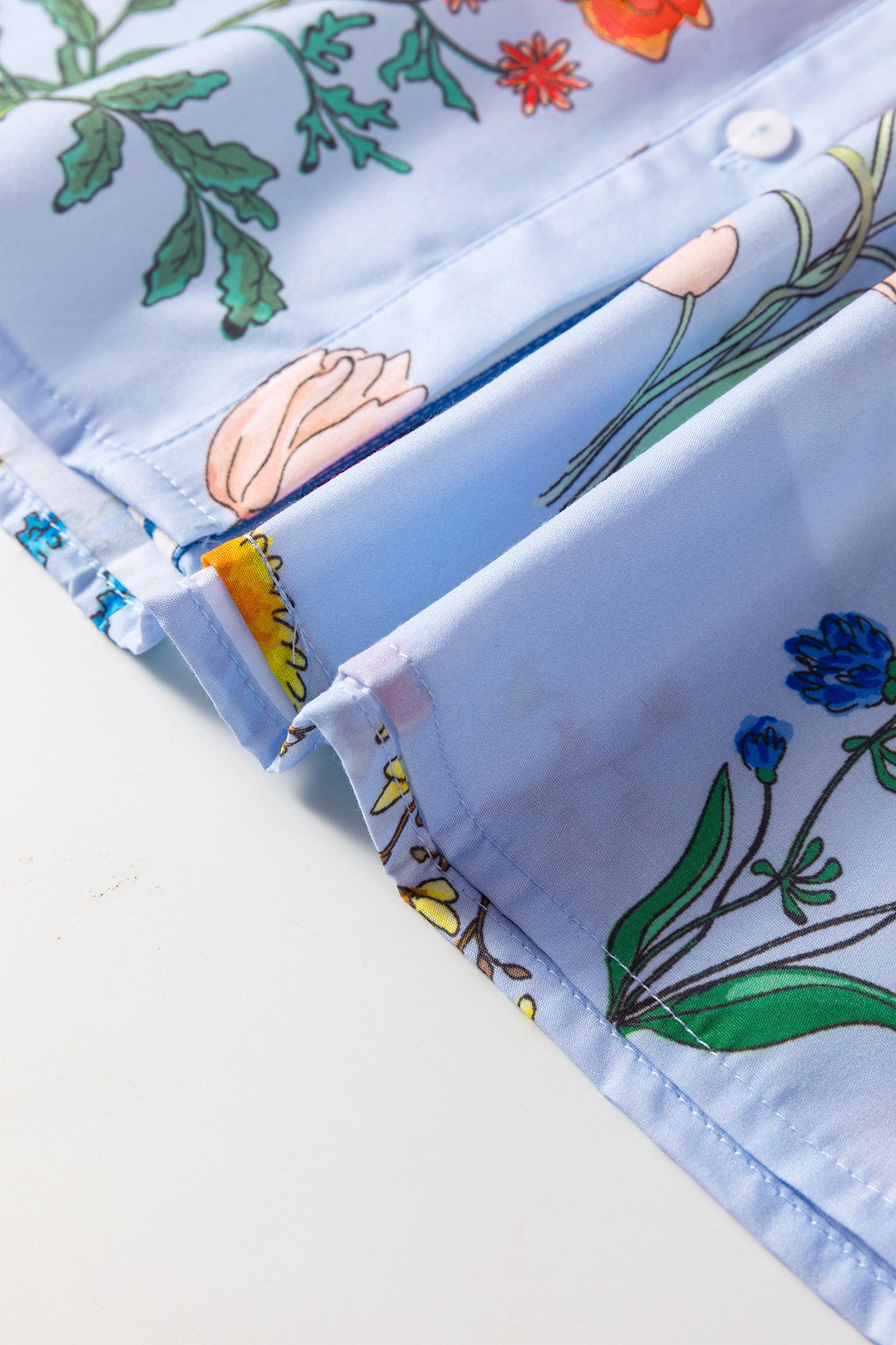 Sky Blue Floral Striped Patchwork Ruffled Collar Short Sleeve Shirt