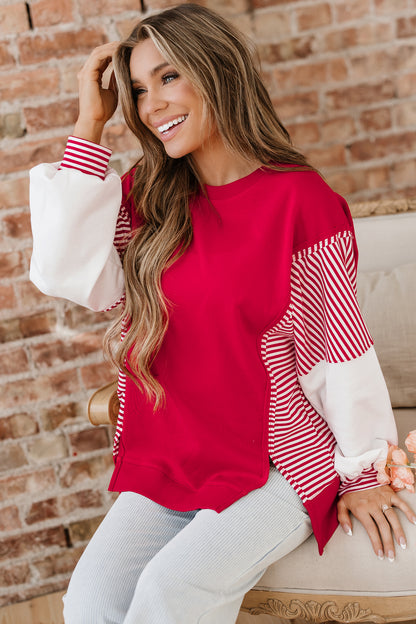 Dark Blue Striped Patchwork Sleeve Colorblock Sweatshirt