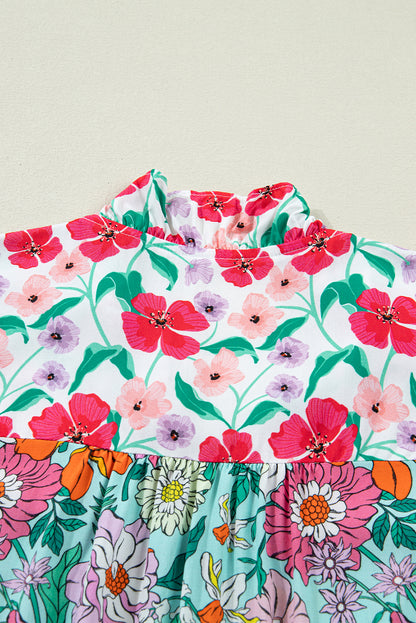 Sky Blue Floral Print Split Neck Button Front Flutter Sleeve Blouse