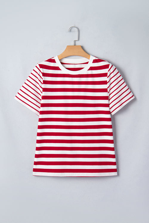 Red Stripe Patchwork Round Neck T Shirt