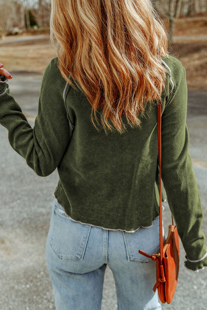 Gray Textured Round Neck Long Sleeve Top