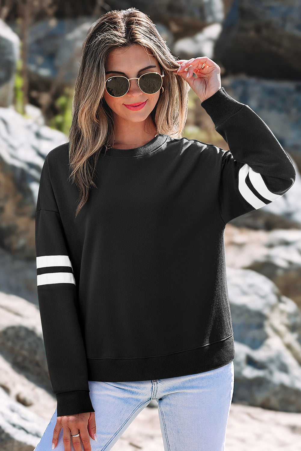 Navy Blue Varsity Striped Detail Drop Shoulder Oversized Sweatshirt