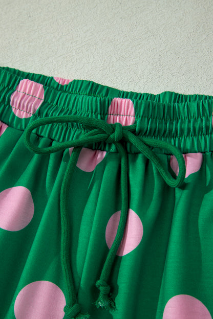 Pink Polka Dot Print V Neck Tee Short Set