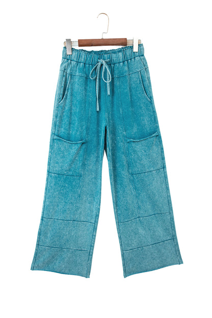 Lapis Mineral Wash Lace-up High Waist Raw Hem Patched Pocket Pants