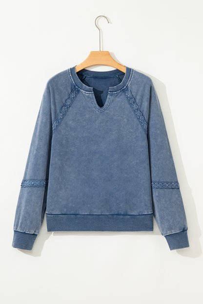 Red Dahlia Lace Patchwork Detail Notched Neck Mineral Wash Baggy Sweatshirt