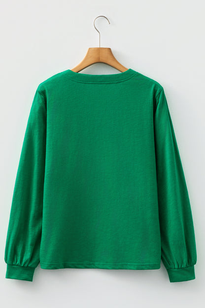 Racing Red Solid Color Button V Neck Long Sleeve Top
