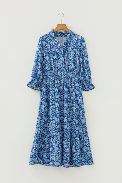 Brown Floral Printed Frilled V Neck Bracelet Sleeve Long Dress