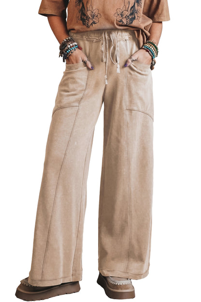 Smoke Gray Mineral Wash Drawstring Retro High Waist Wide Leg Western Pants