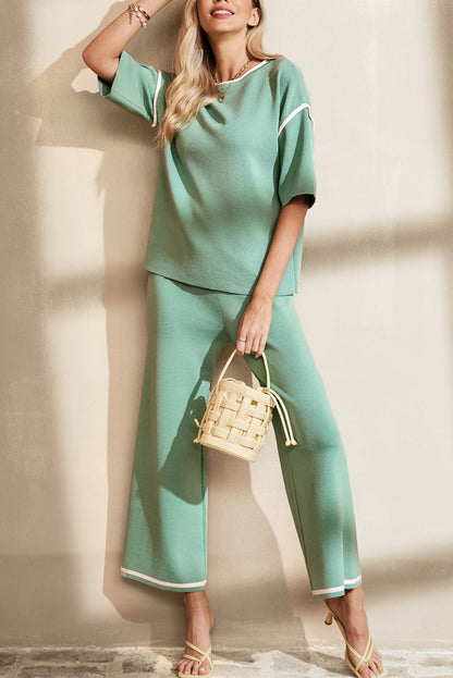 Guacamole Green Contrast Trim Half Sleeve Top Drawstring Pants Loose 2pcs Sweater Suit