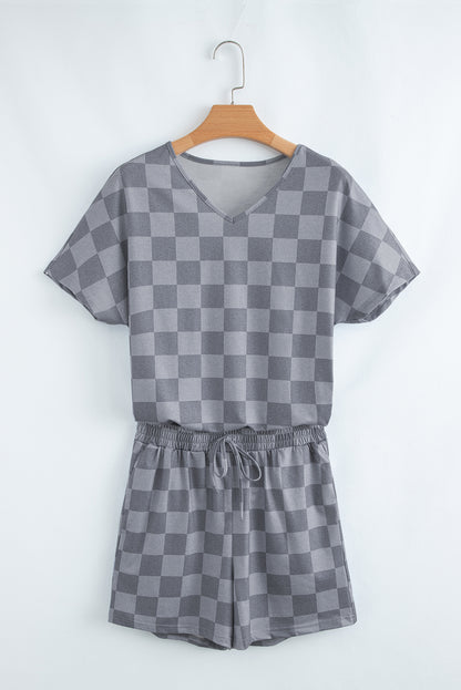 Beige Checkered V Neck Tee Drawstring Shorts Lounge Set