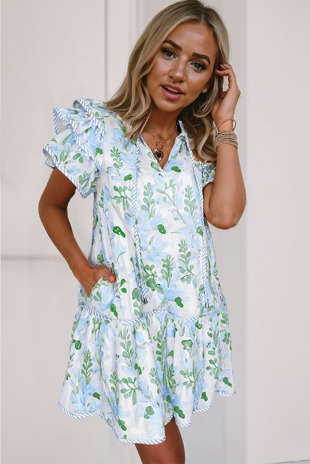 Orange Floral Contrast Edge Layered Short Sleeve Mini Dress