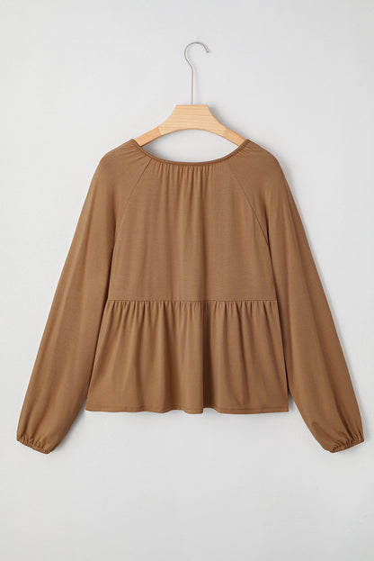 Cinnamon Smocked Bust Buttoned Split V Neck Flow Fit Blouse