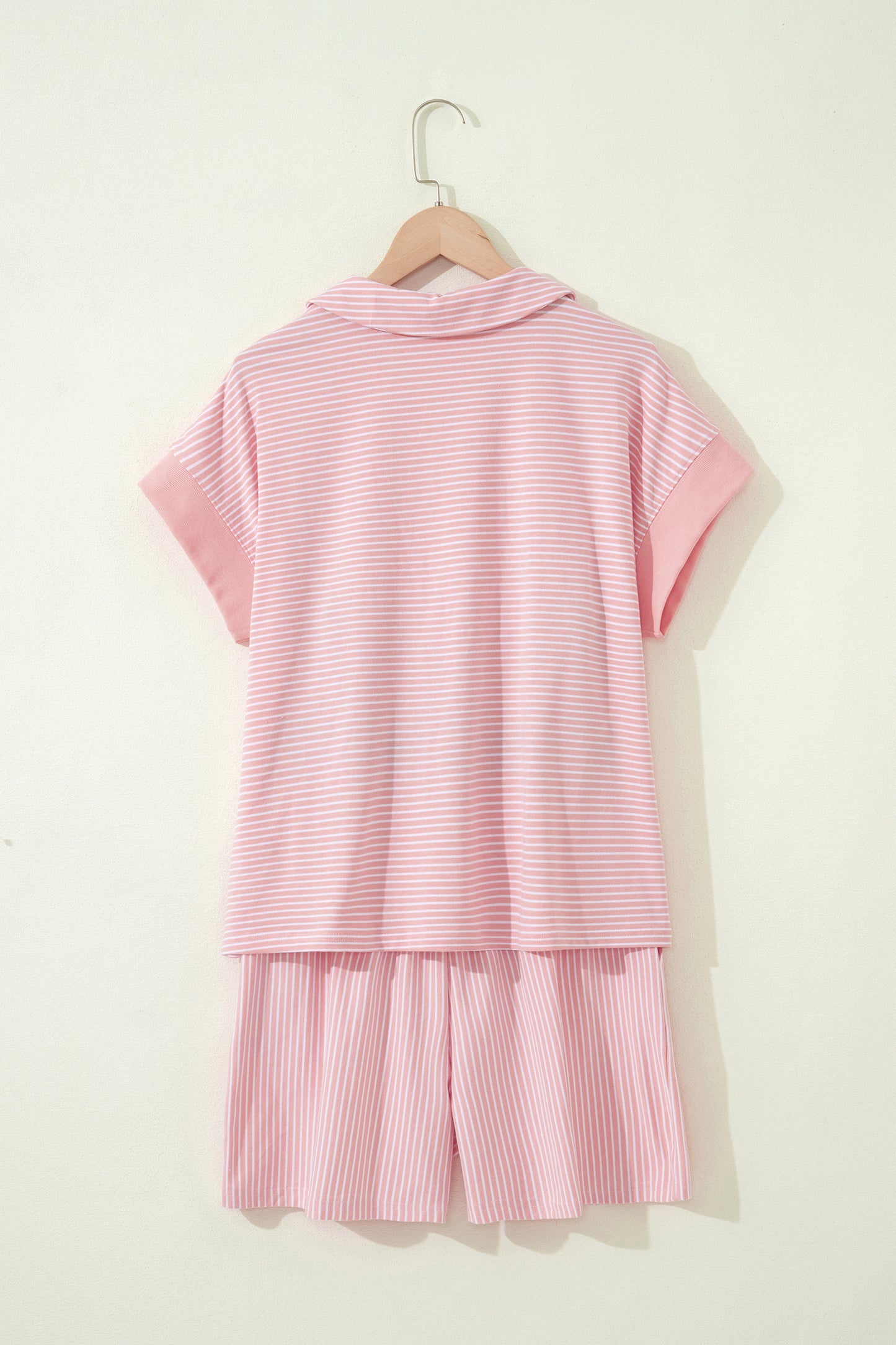 Khaki Stripe Dolman Sleeve Polo Shirt and Drawstring Shorts Set