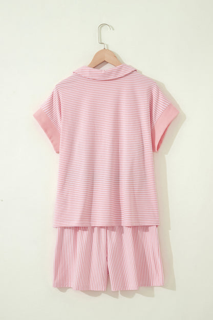 Khaki Stripe Dolman Sleeve Polo Shirt and Drawstring Shorts Set