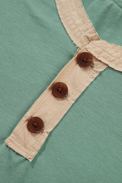 Light Grey Raw Seam Color Block Detail Buttoned Henley Tee