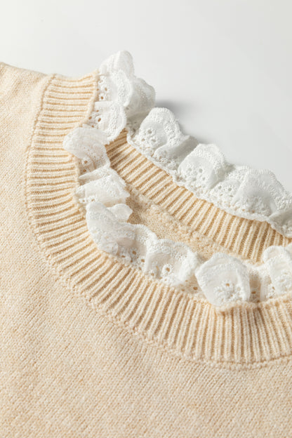 Jet Stream Lace Trim Patchwork Buttoned Cuffs Loose Sweater