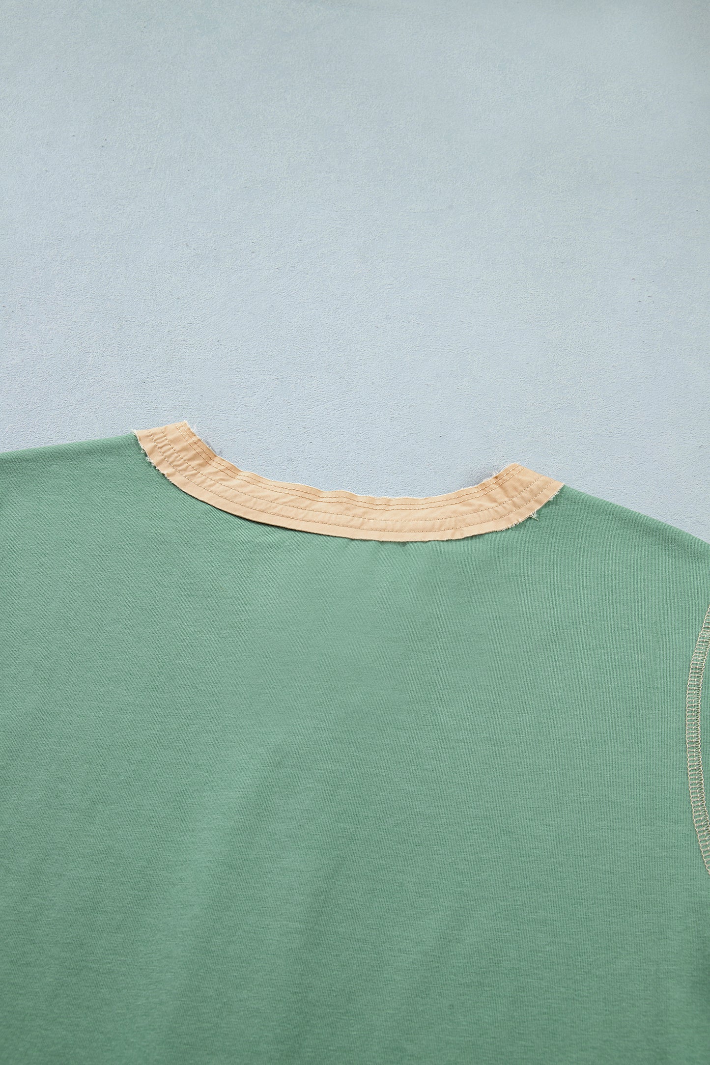Light Grey Raw Seam Color Block Detail Buttoned Henley Tee