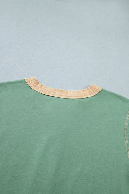 Light Grey Raw Seam Color Block Detail Buttoned Henley Tee