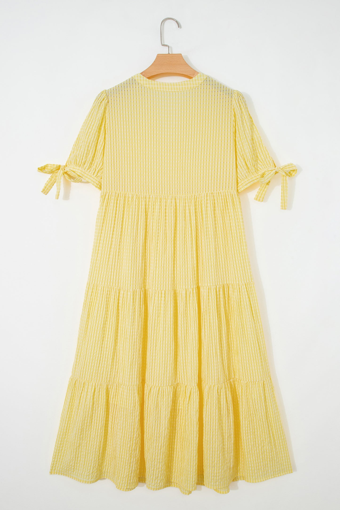 Yellow Gingham Textured Bow Tie Short Sleeve Tiered Midi Dress