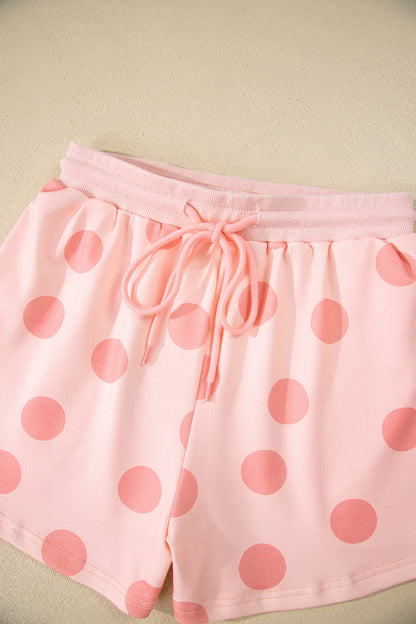 Sky Blue Polka Dot Print Drop Shoulder Pullover Drawstring Shorts Set