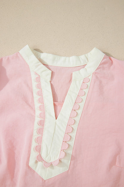 Light Pink Scallop Color Block Trim Puff Sleeve Mini Dress