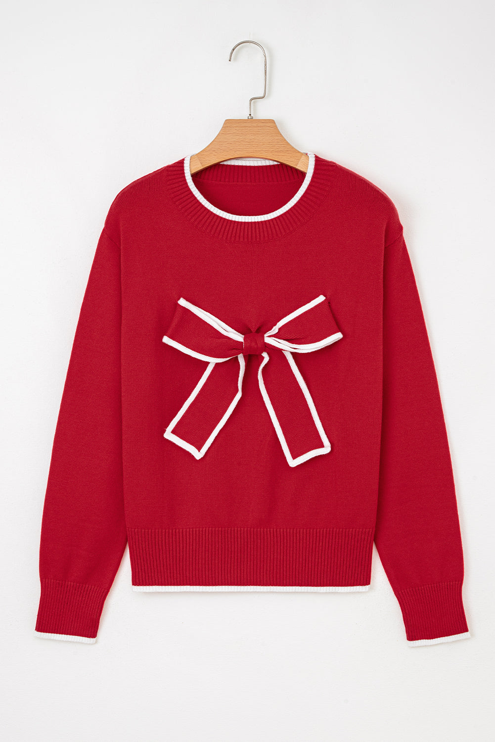 Black Contrast Trim Big Bow Accent Holiday Cropped Sweater