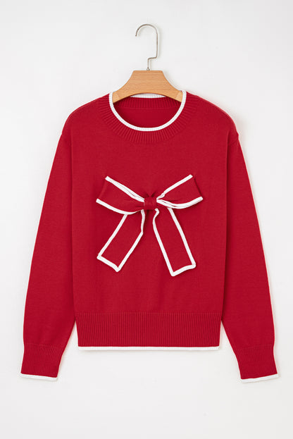 Black Contrast Trim Big Bow Accent Holiday Cropped Sweater