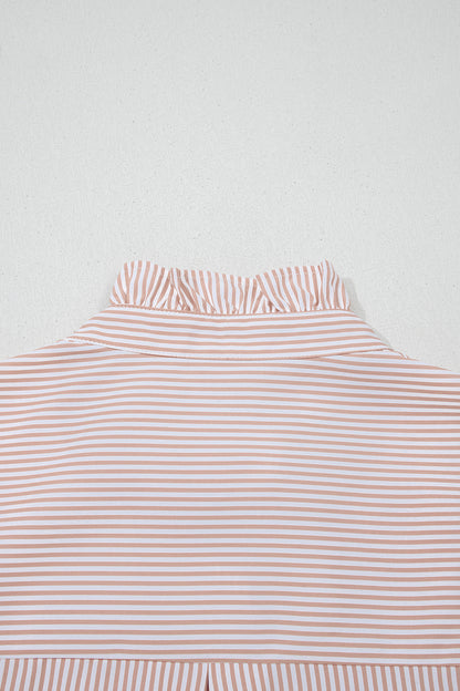 Khaki Stripe Color Block Patchwork Detail Frilled Collar Button Down Shirt