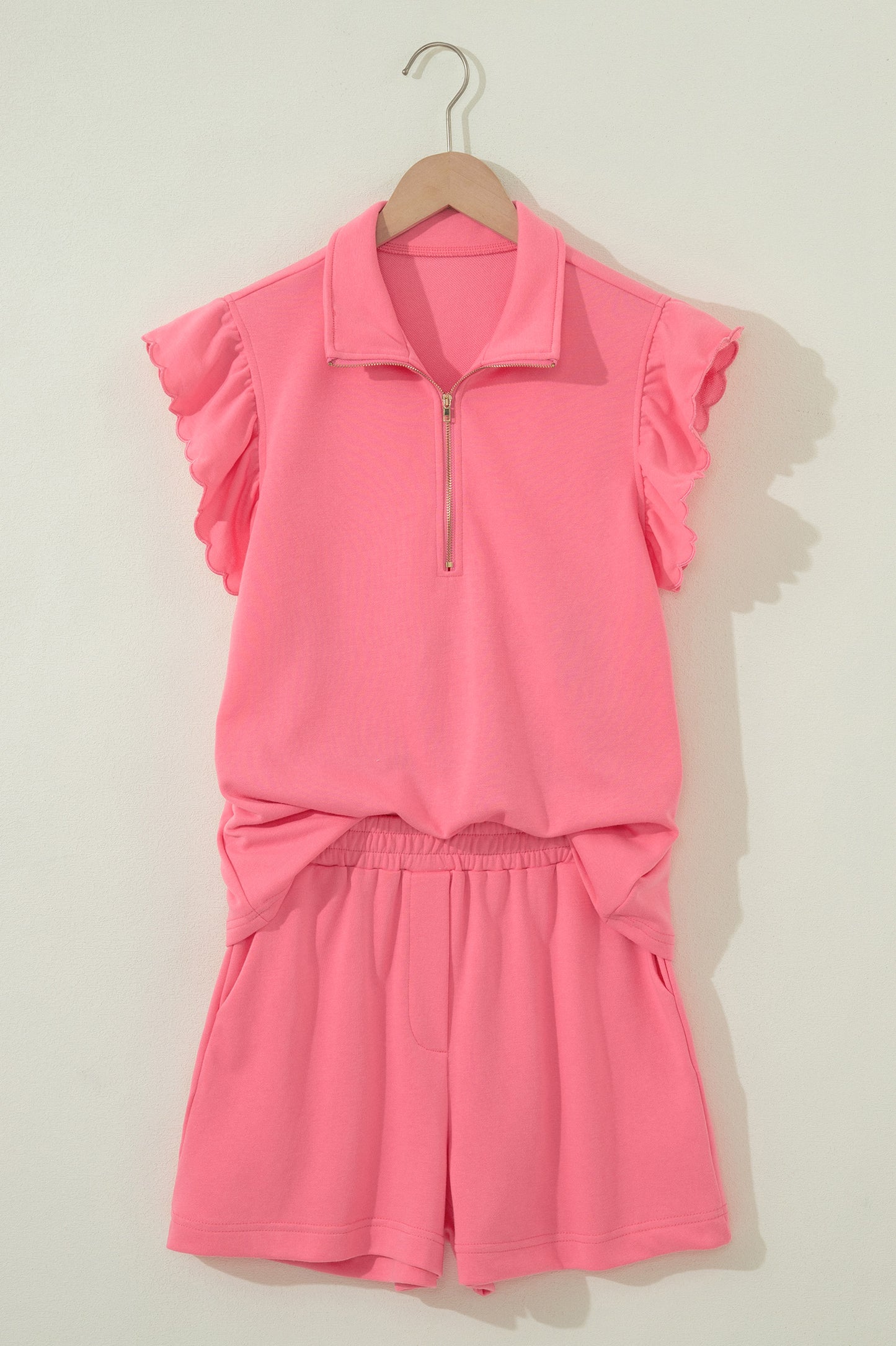 Sky Blue Half Zipped Ruffled Short Set