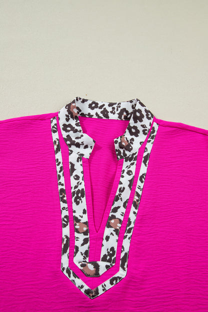 Black Dolman Half Sleeve Leopard Patchwork Trim V Neck Blouse