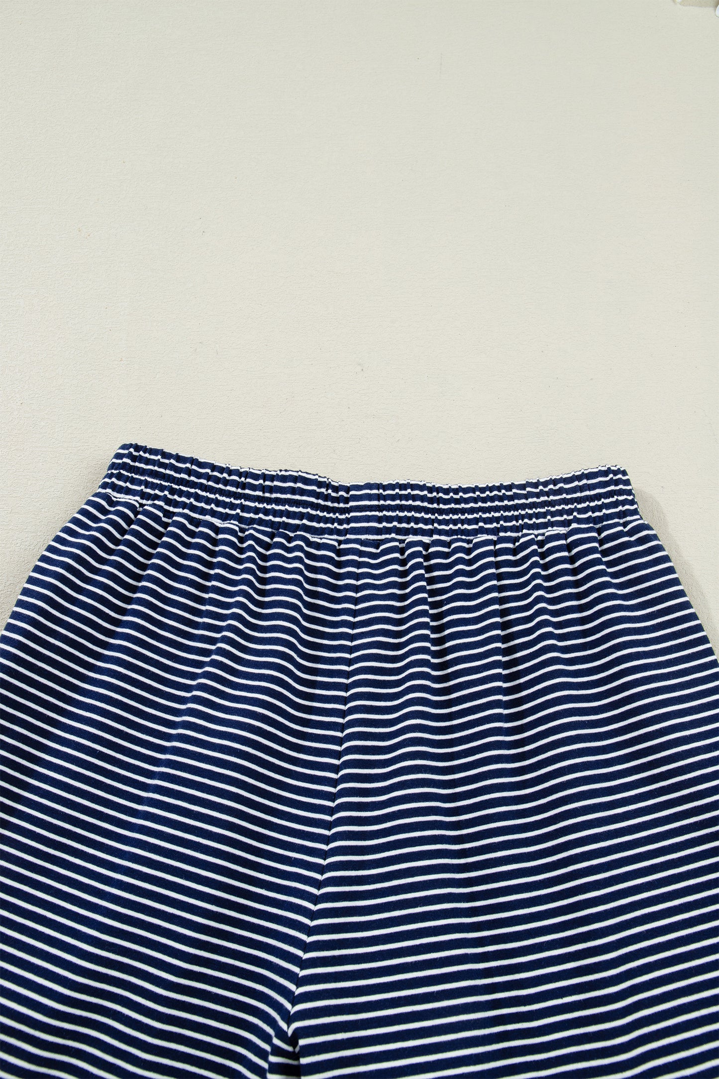 Blue Stripe Drop Shoulder Round Neck Long Sleeve Tee and Buttoned Shorts 2pcs Lounge Set