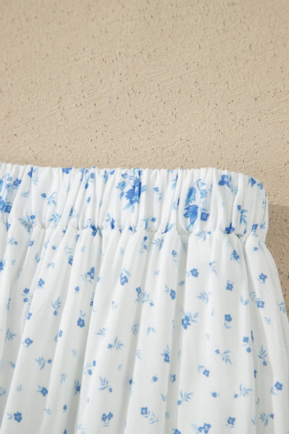 Sky Blue High Waist Tiny Floral Print Boho Maxi Skirt