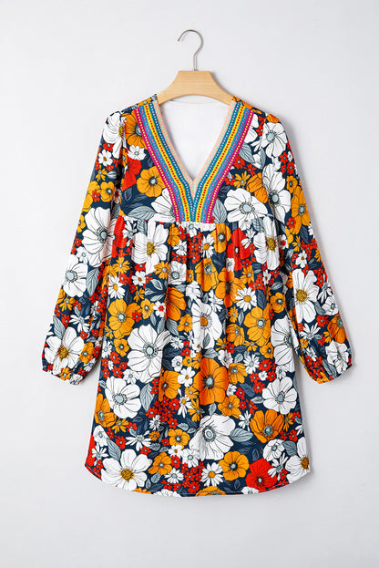 Orange Floral Print Striped Lace V Neck Long Sleeve Mini Dress