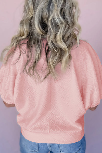 White Contrast Striped Collar Patchwork Textured Half Sleeve Blouse