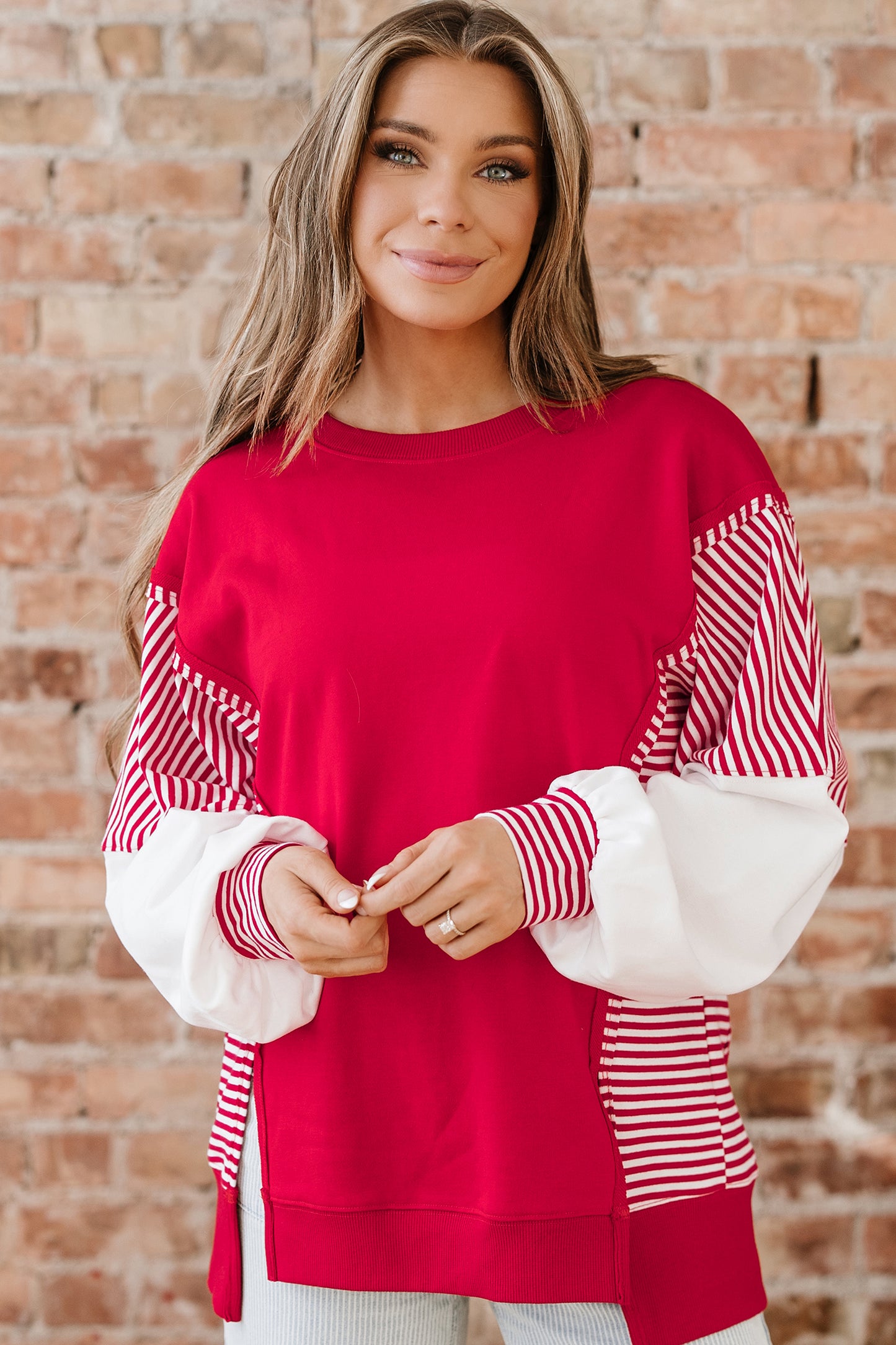 Dark Blue Striped Patchwork Sleeve Colorblock Sweatshirt