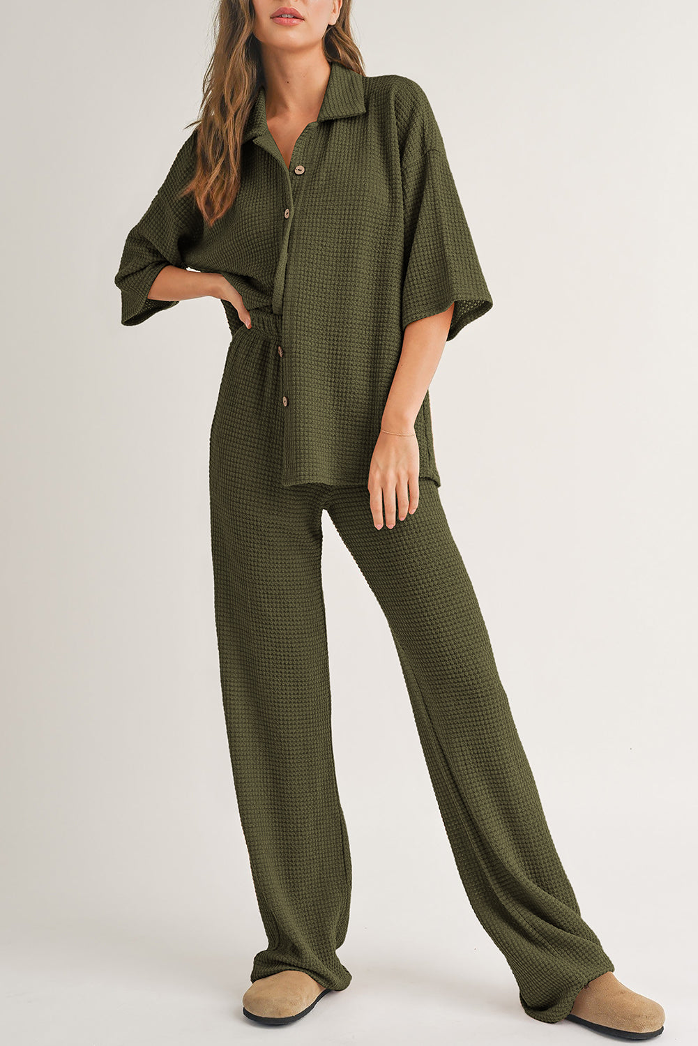 Black Solid Color Textured Buttoned Shirt and Casual Pants Set