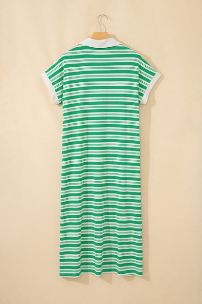 Green Stripe Collared V Neck Short Sleeve T Shirt Midi Dress with Pockets