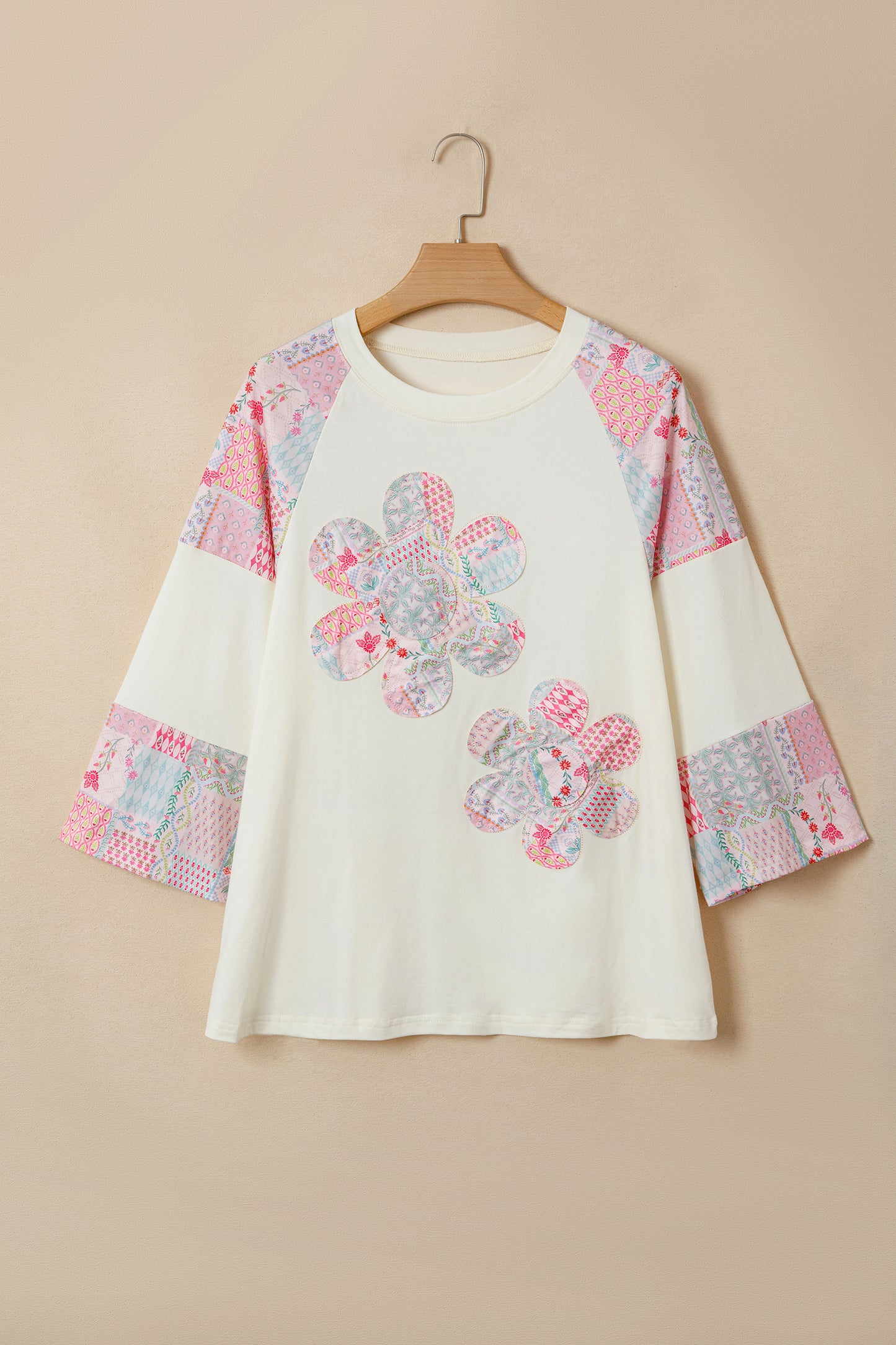 Beige Color Block Retro Floral Patchwork Long Sleeve Top