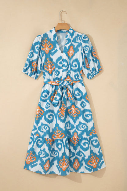 Sky Blue Boho Floral Print Short Puff Sleeve Button Down Ruffle Hem Midi Dress
