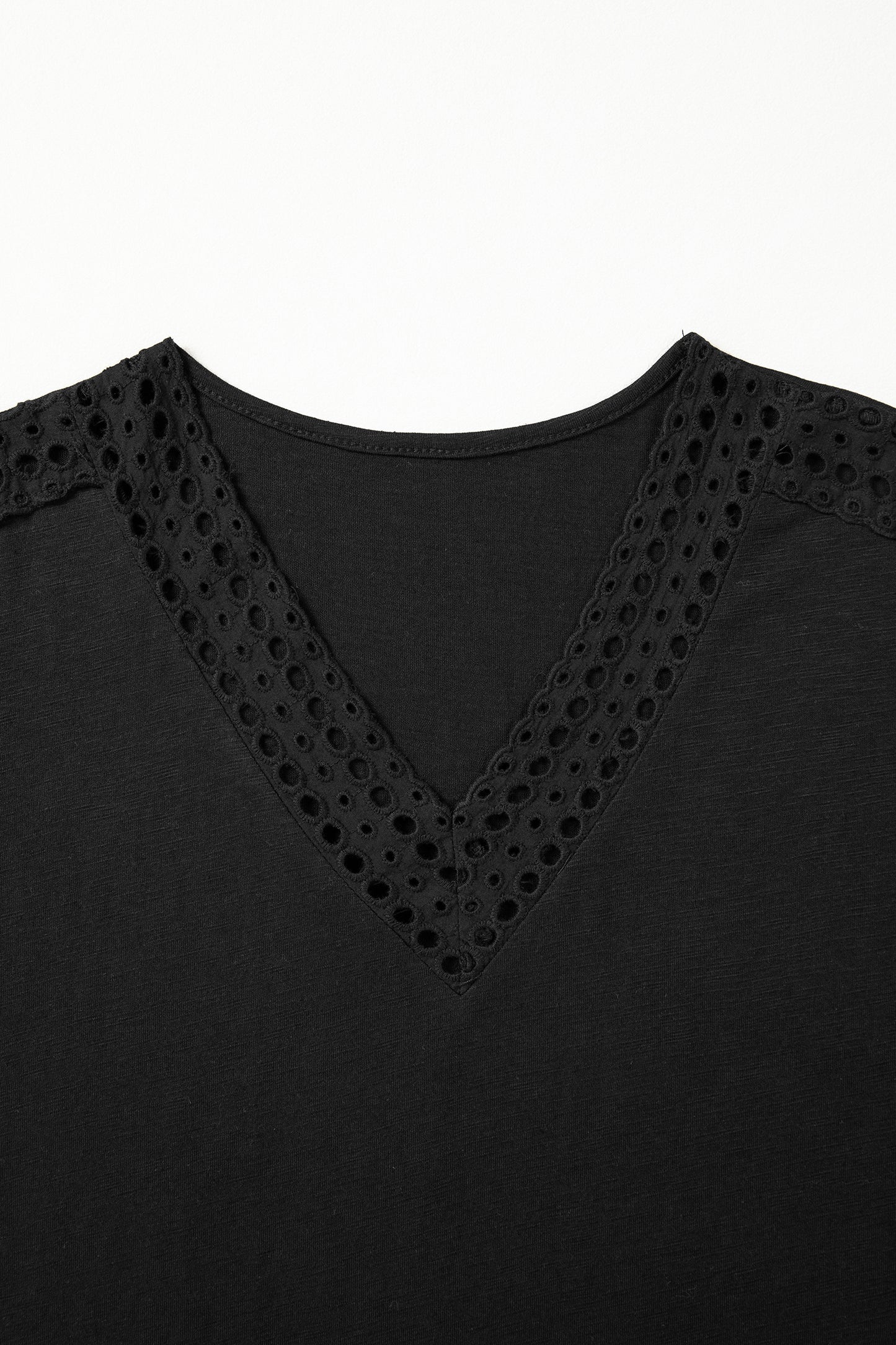 Black Cutout Embroidered Trim V Neck Cap Sleeve Tee