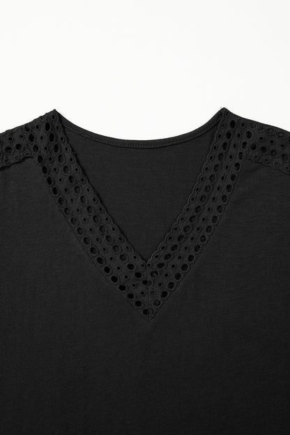 Black Cutout Embroidered Trim V Neck Cap Sleeve Tee